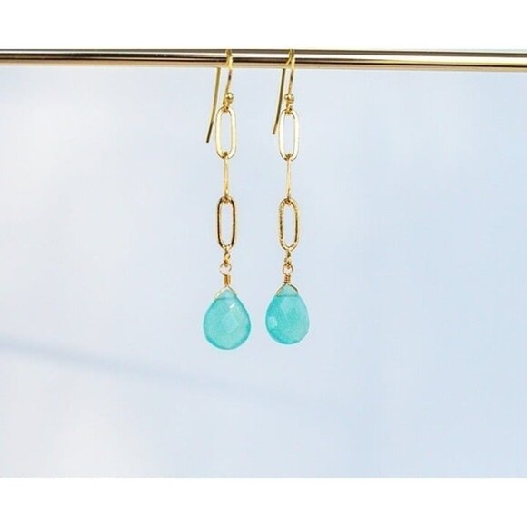 BUNDLE Aqua Chalcedony Drop Earrings & Amazonite Gemstone Bracelet Gold Chain - Picture 6 of 12
